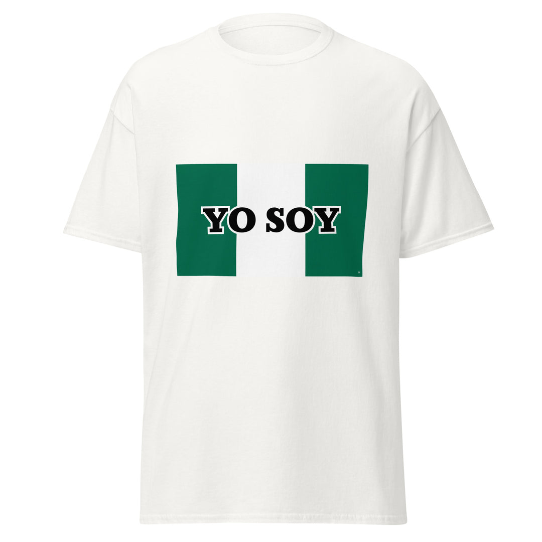 White T-shirt with the Nigerian flag and 'YO SOY' text, front view.