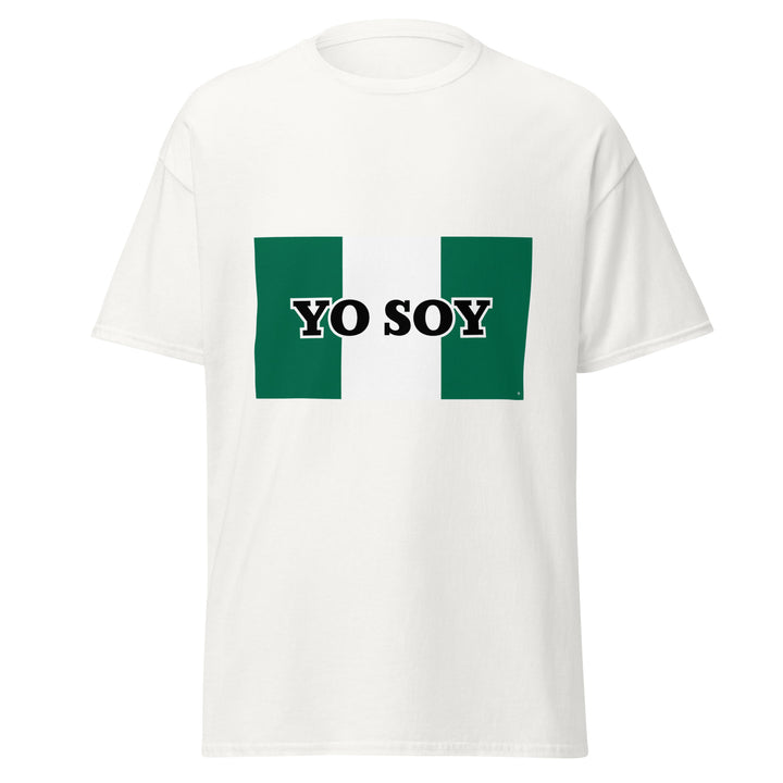 White T-shirt with the Nigerian flag and 'YO SOY' text, front view.