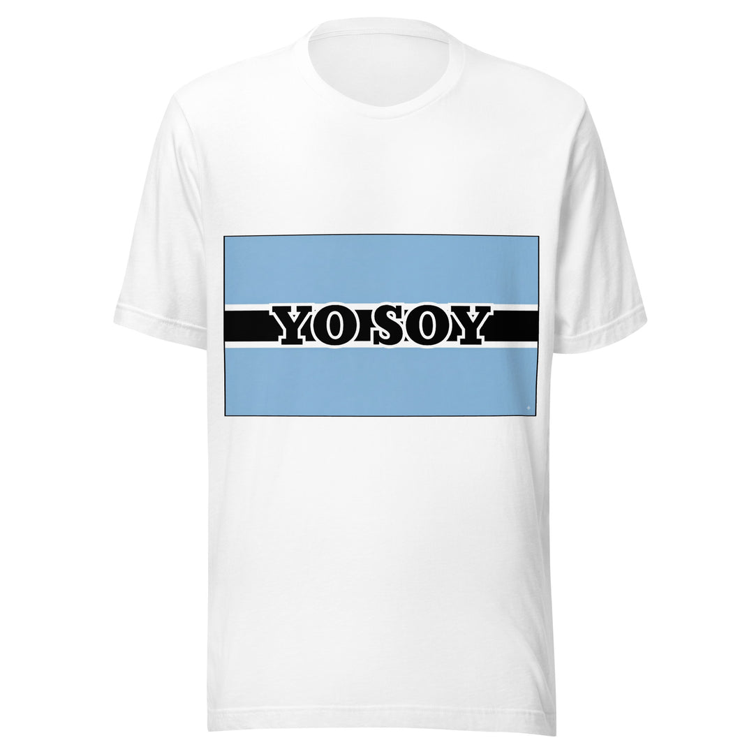 White T-shirt with the Botswana flag and 'YO SOY' text, front view.