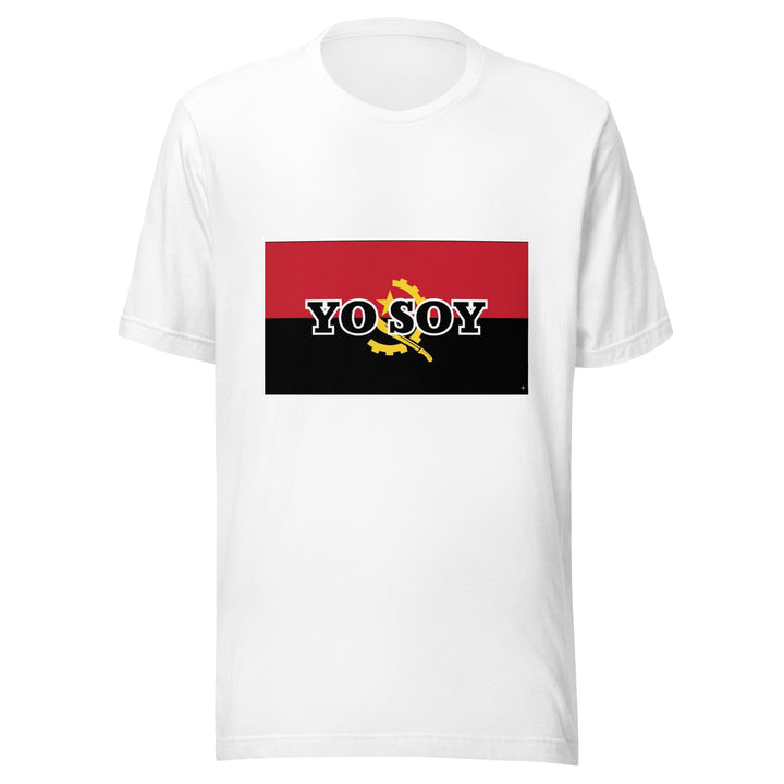 White T-shirt with the Angolan flag and 'YO SOY' text, front view.