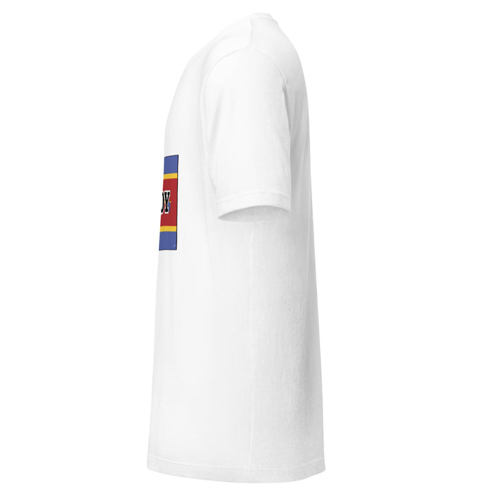 White T-shirt with the flag of Eswatini and 'YO SOY' text, left side view.