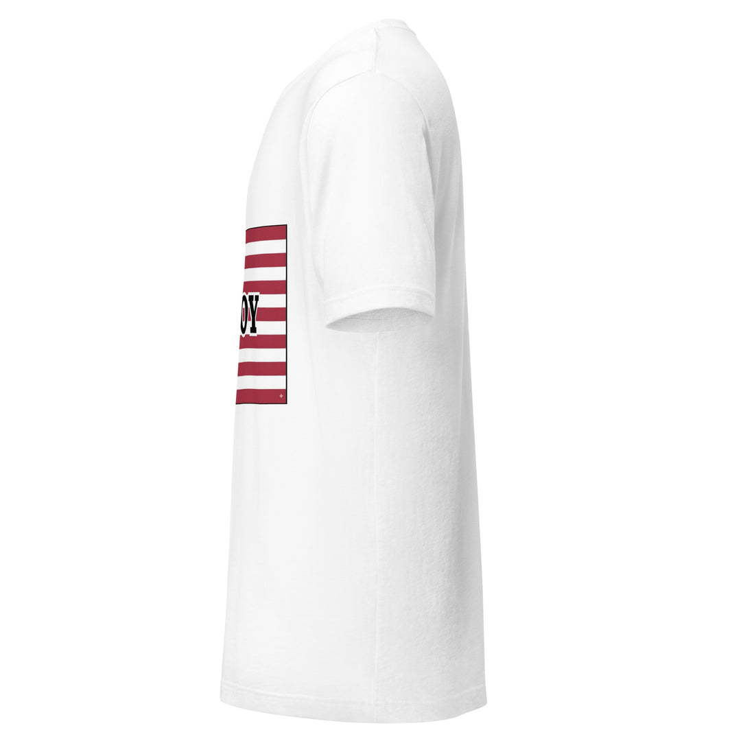 White T-shirt with the Liberian flag and 'YO SOY' text, left side view.