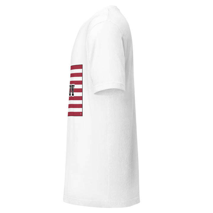 White T-shirt with the Liberian flag and 'YO SOY' text, left side view.