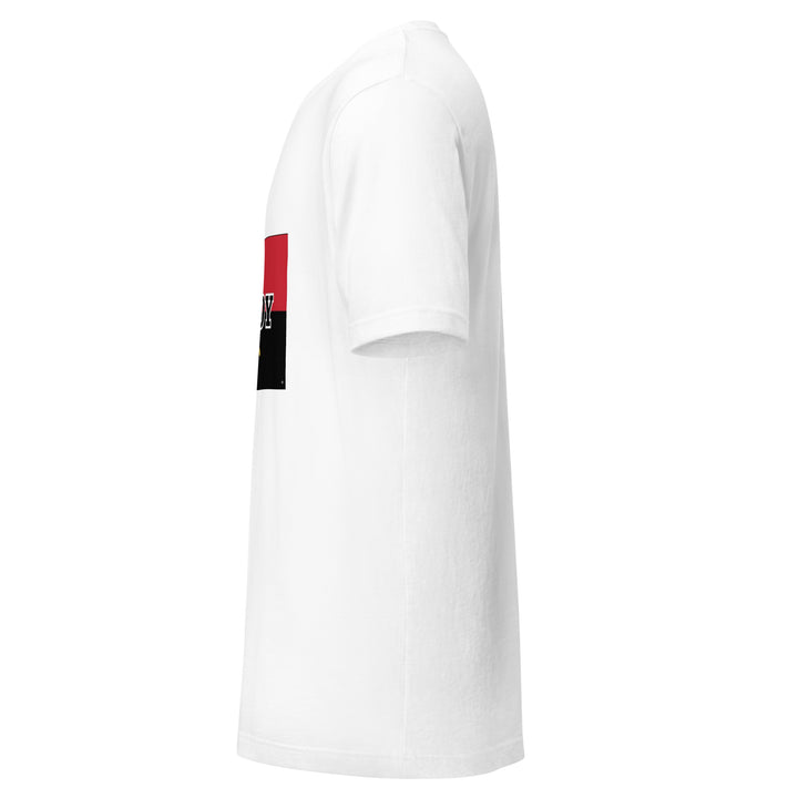 White T-shirt with the Angolan flag and 'YO SOY' text, left side view.