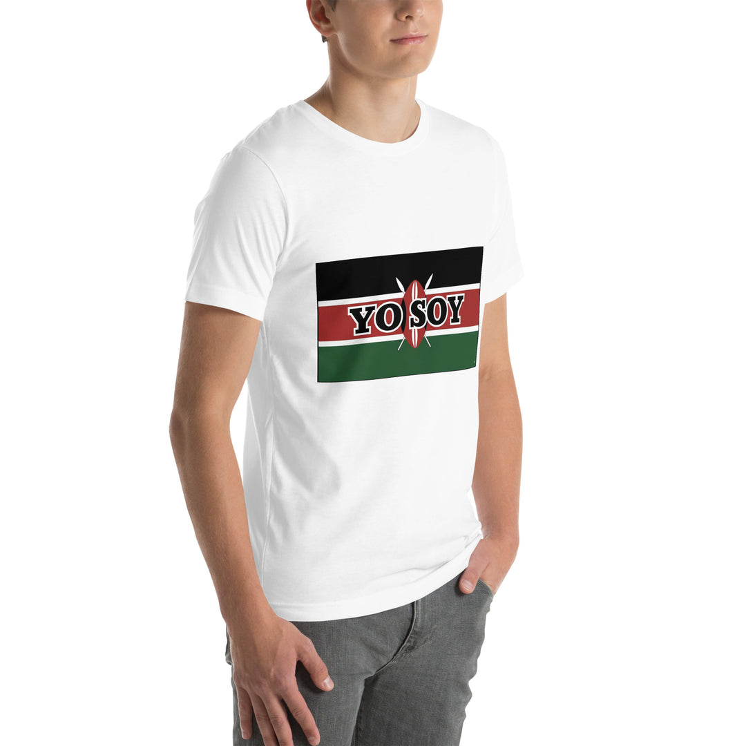 White T-shirt with the Kenyan flag and 'YO SOY' text, front right view.